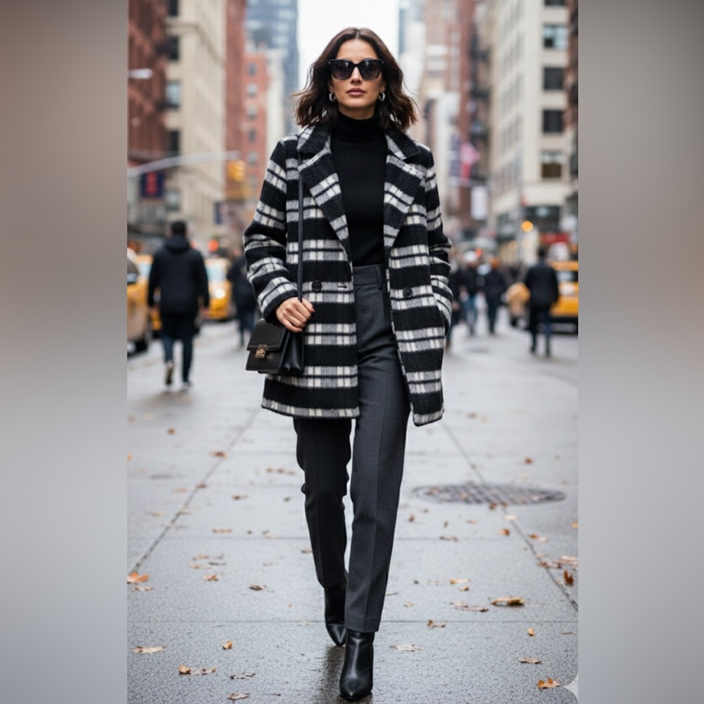 🖤YMI Plaid Double-Breasted Pea Coat🤍